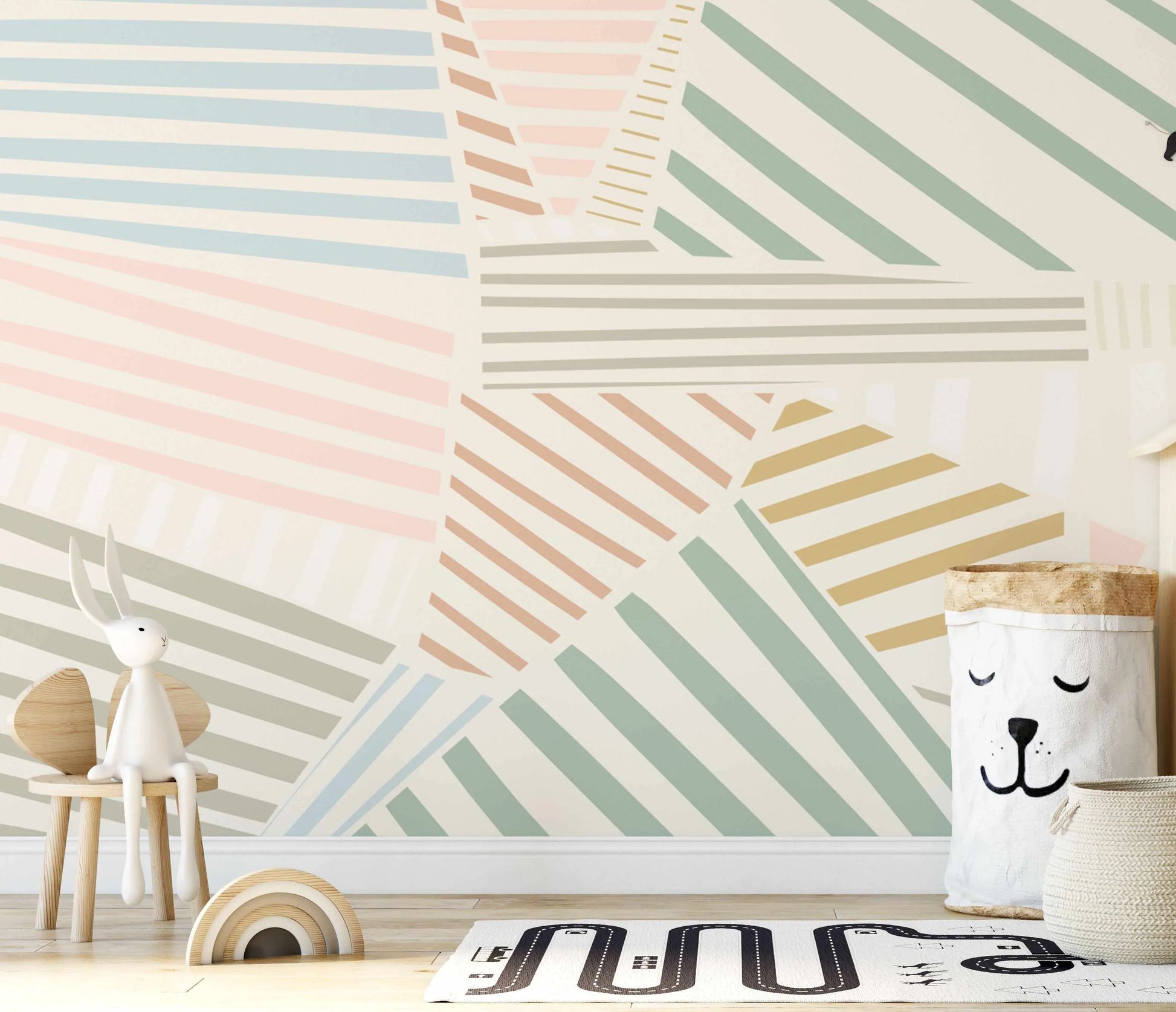 Sage's Striped Wallpaper Mural-Wallpaper-Buy Kids Removable Wallpaper Online Our Custom Made Children√¢‚Ç¨‚Ñ¢s Wallpapers Are A Fun Way To Decorate And Enhance Boys Bedroom Decor And Girls Bedrooms They Are An Amazing Addition To Your Kids Bedroom Walls Our Collection of Kids Wallpaper Is Sure To Transform Your Kids Rooms Interior Style From Pink Wallpaper To Dinosaur Wallpaper Even Marble Wallpapers For Teen Boys Shop Peel And Stick Wallpaper Online Today With Olive et Oriel