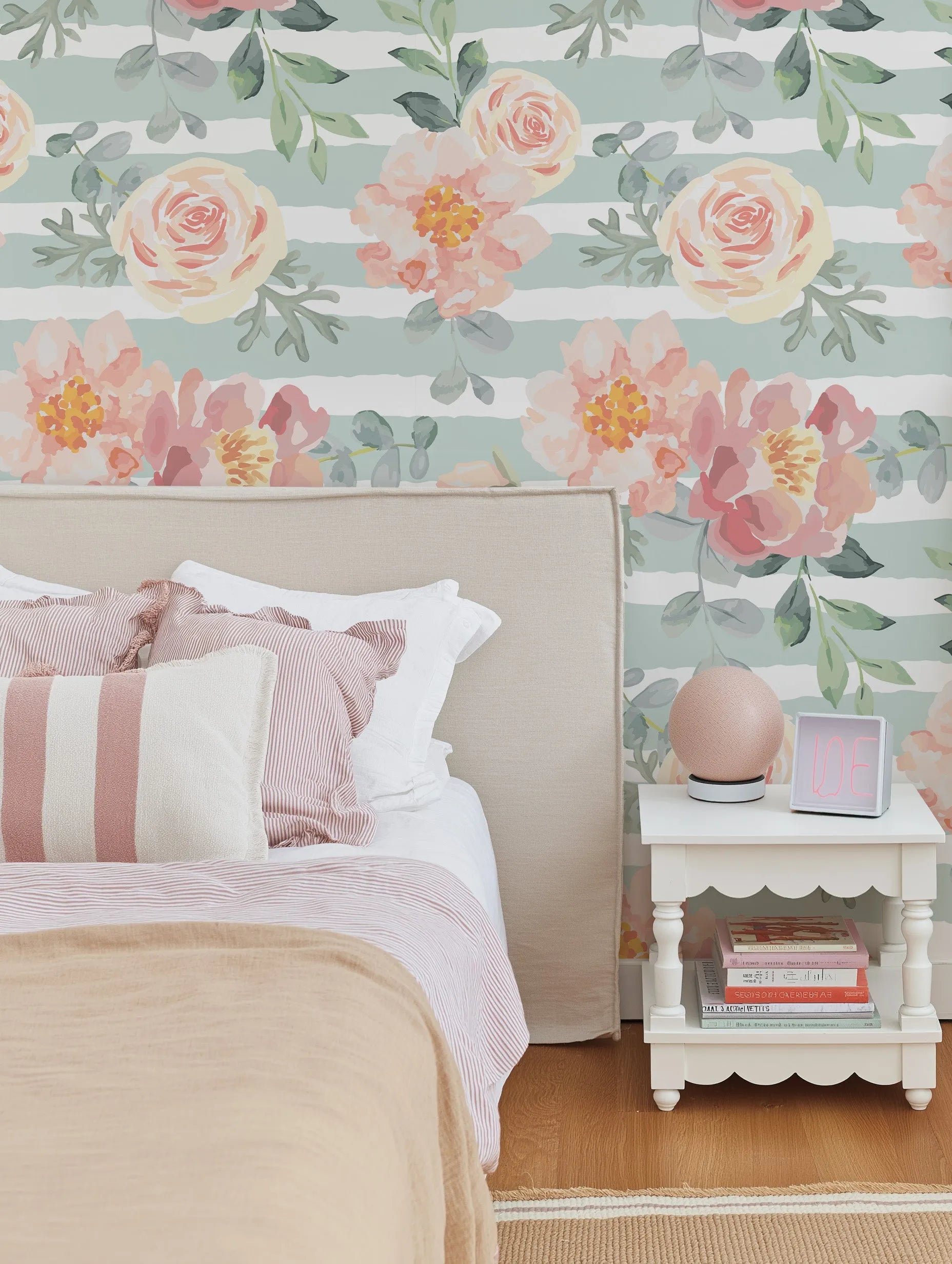Sage Stripes & Pink Flowers Wallpaper from Olive et Oriel where you can shop wallpaper and artworks online