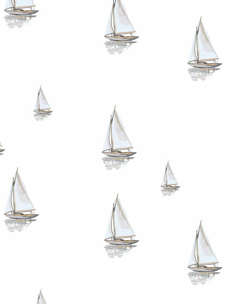 Peel and stick wallpaper featuring a repeating pattern of hand-drawn sailboats with white sails and light brown hulls, with their reflections visible on a white background. The sailboats are rendered in a loose, sketch-like style with visible line work and a watercolour-like texture.