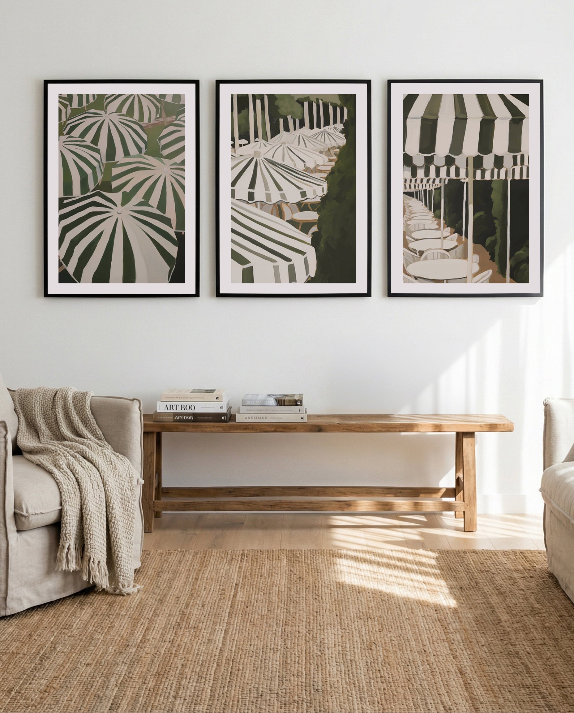 Saint Tropez Umbrellas I, II & III | 3 Piece Wall Art Set in Green art print oak frame with white border