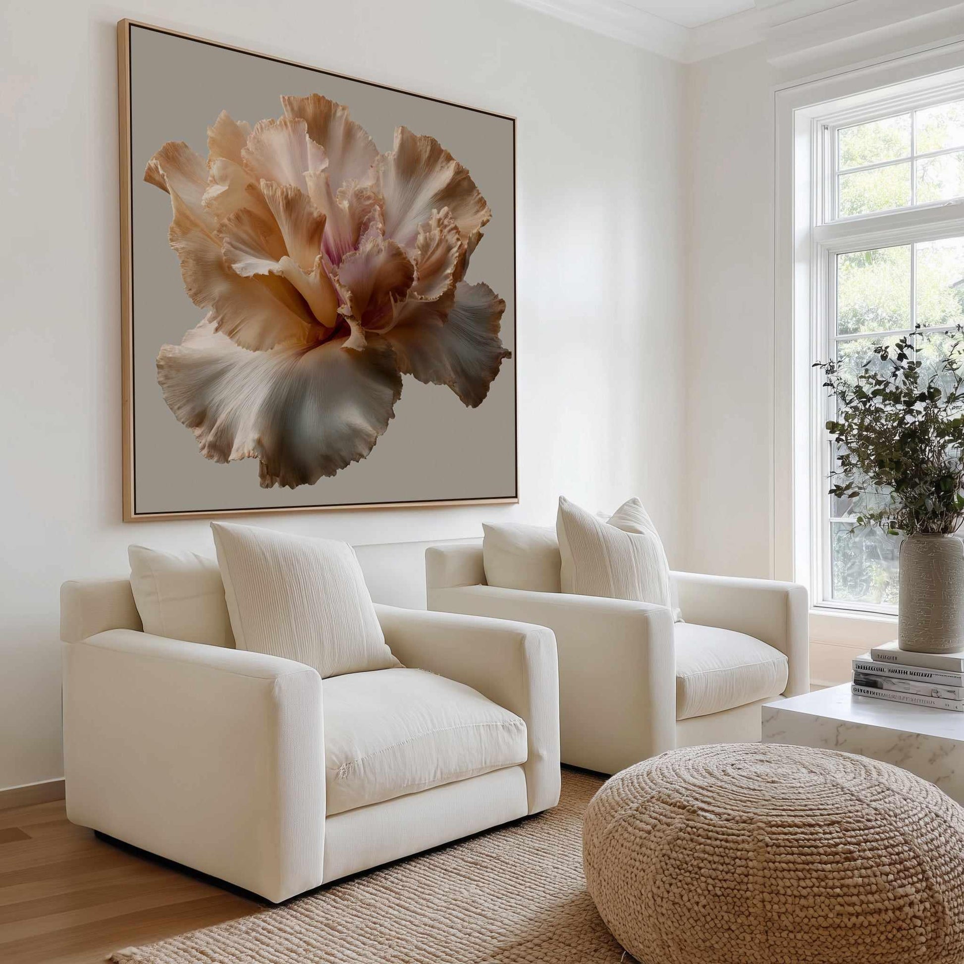 Modern living room with white sofa, decorative pillow, and large floral artwork on wall.