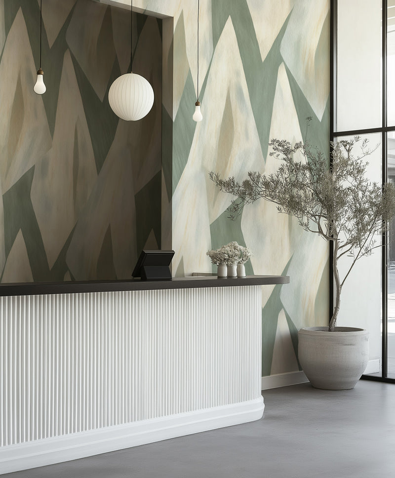 Salzburg Abstract in Sage Green Commercial Vinyl Wallpaper from Olive et Oriel where you can shop wallpaper and artworks online