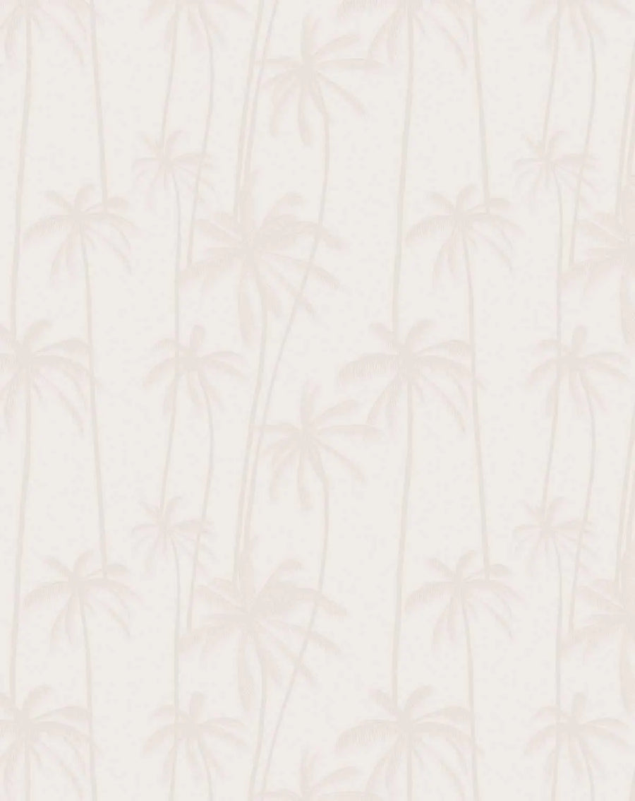 Peel and stick wallpaper featuring a repeating pattern of subtle palm trees in a very light, muted beige or off-white against a slightly lighter cream background, creating a tone-on-tone effect with a soft, textured appearance.