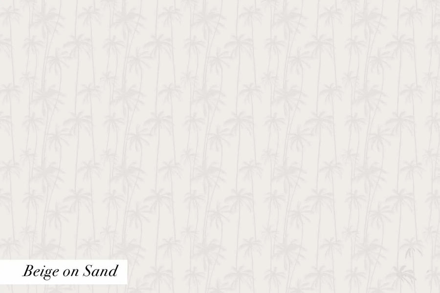 Peel and stick wallpaper featuring a repeating pattern of hand-drawn palm trees in a subtle beige on a sand-coloured background. The design has a soft, muted appearance with a gentle, organic feel.