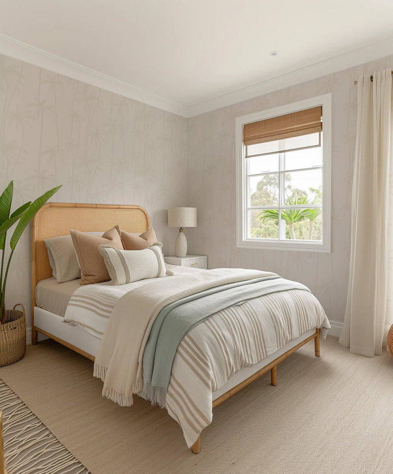 "A bedroom featuring Sandy Palms Wallpaper with a repeating pattern of hand-drawn palm trees in a soft, muted beige on a cream background. The wallpaper creates a subtle tropical ambiance, complementing a rattan bed frame with neutral bedding and a light blue throw. A large window with a bamboo blind overlooks lush greenery, and a potted plant in a woven basket sits beside the bed."