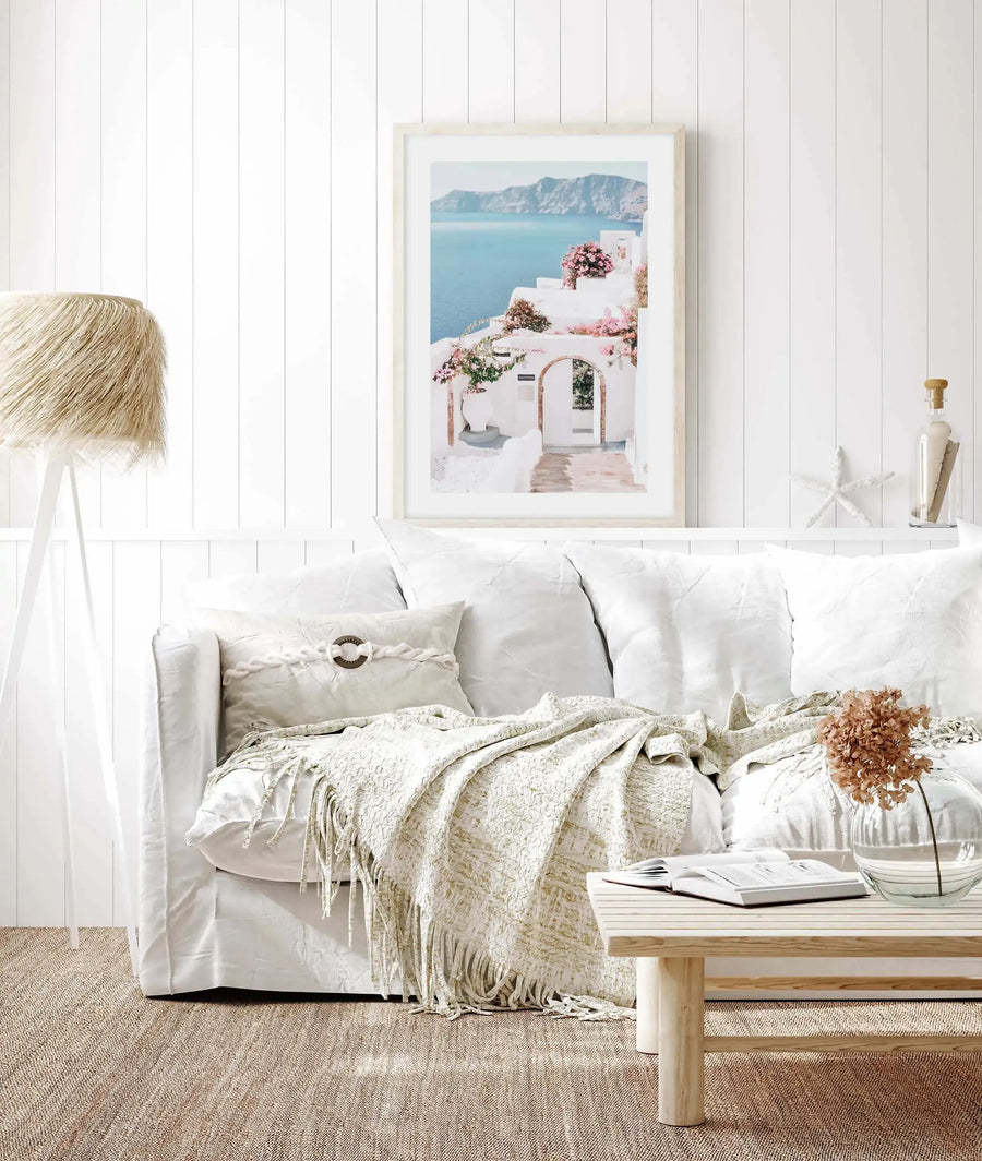 Santorini Days Art Print-Shop Greece Wall Art Prints Online with Olive et Oriel - Our collection of Greek Islands art prints offer unique wall art including blue domes of Santorini in Oia, mediterranean sea prints and incredible posters from Milos and other Greece landscape photography - this collection will add mediterranean blue to your home, perfect for updating the walls in coastal, beach house style. There is Greece art on canvas and extra large wall art with fast, free shipping across Aust