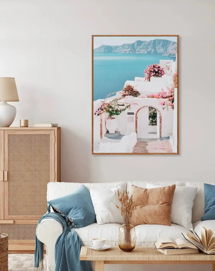 Santorini Days | Framed Canvas-Shop Greece Wall Art Prints Online with Olive et Oriel - Our collection of Greek Islands art prints offer unique wall art including blue domes of Santorini in Oia, mediterranean sea prints and incredible posters from Milos and other Greece landscape photography - this collection will add mediterranean blue to your home, perfect for updating the walls in coastal, beach house style. There is Greece art on canvas and extra large wall art with fast, free shipping acros