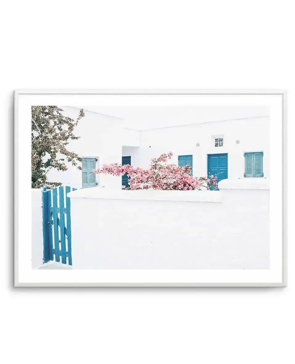 Santorini In Spring Art Print-Shop Greece Wall Art Prints Online with Olive et Oriel - Our collection of Greek Islands art prints offer unique wall art including blue domes of Santorini in Oia, mediterranean sea prints and incredible posters from Milos and other Greece landscape photography - this collection will add mediterranean blue to your home, perfect for updating the walls in coastal, beach house style. There is Greece art on canvas and extra large wall art with fast, free shipping across