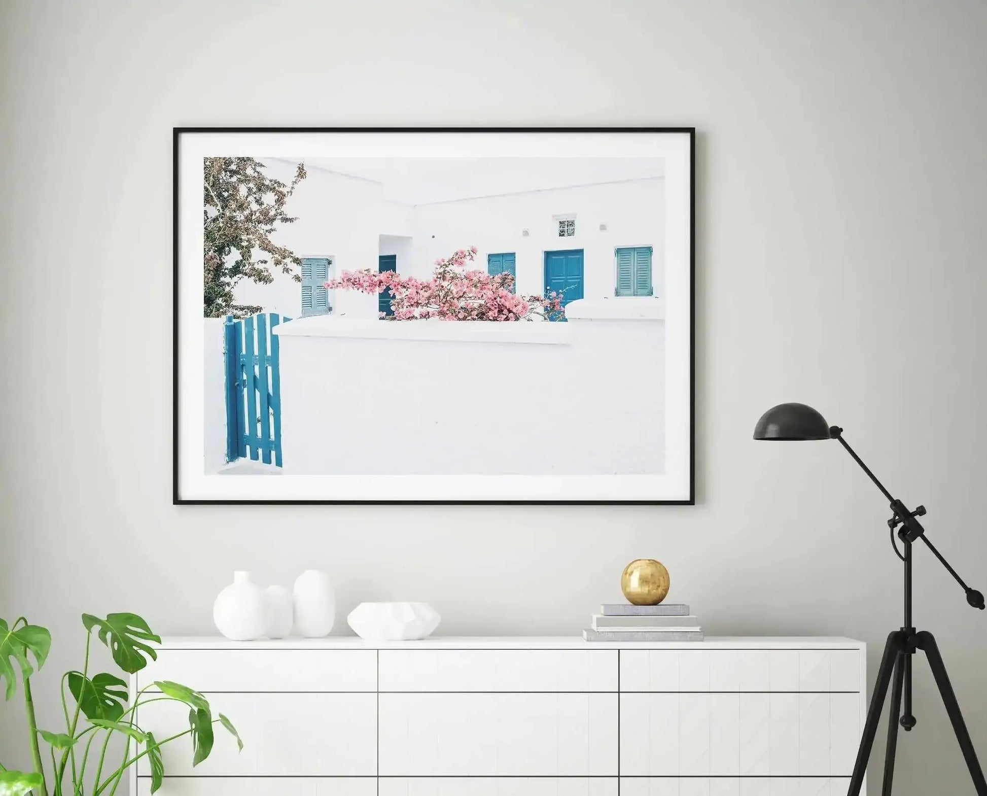 Santorini In Spring Art Print-Shop Greece Wall Art Prints Online with Olive et Oriel - Our collection of Greek Islands art prints offer unique wall art including blue domes of Santorini in Oia, mediterranean sea prints and incredible posters from Milos and other Greece landscape photography - this collection will add mediterranean blue to your home, perfect for updating the walls in coastal, beach house style. There is Greece art on canvas and extra large wall art with fast, free shipping across