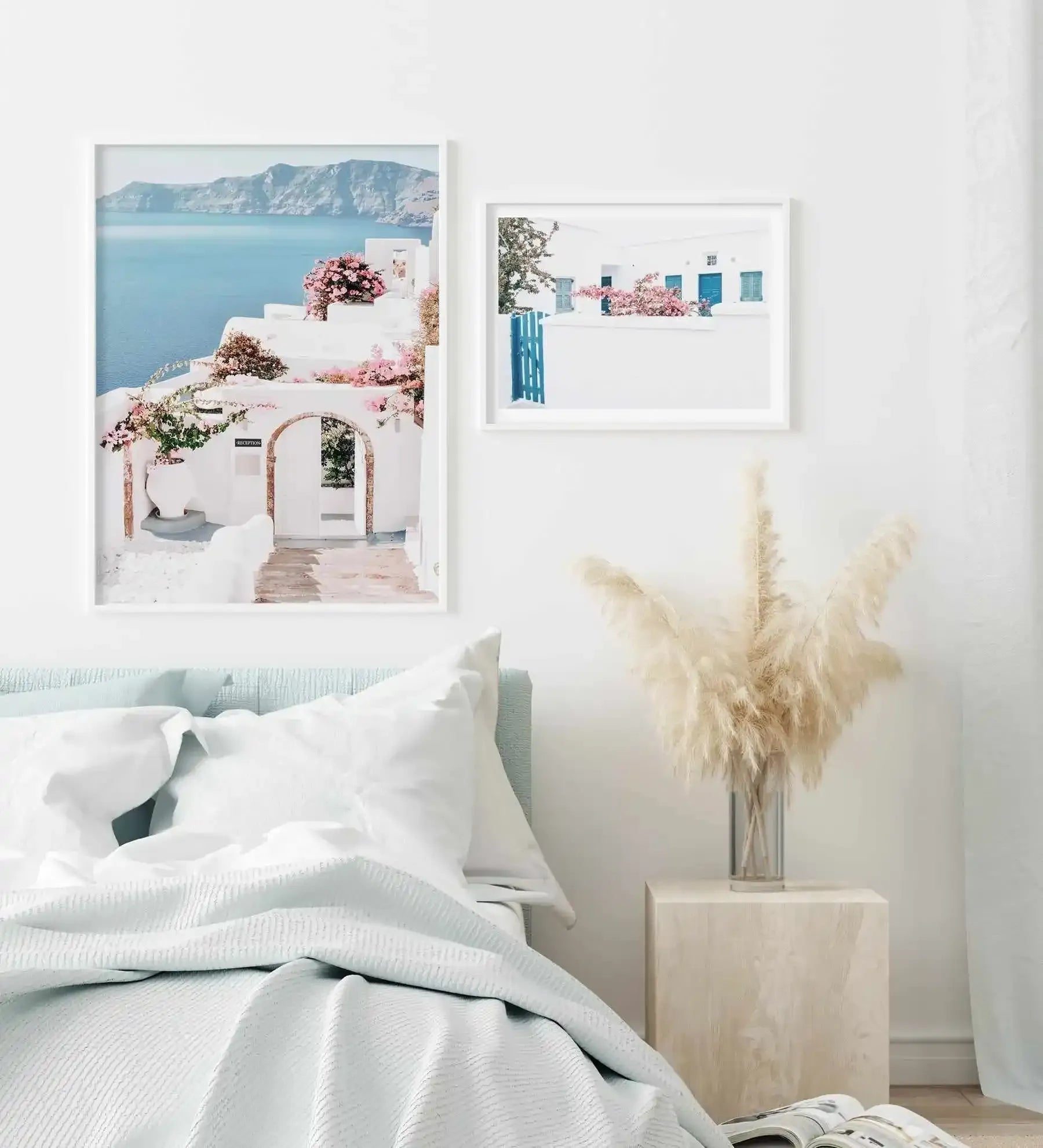 Santorini In Spring Art Print-Shop Greece Wall Art Prints Online with Olive et Oriel - Our collection of Greek Islands art prints offer unique wall art including blue domes of Santorini in Oia, mediterranean sea prints and incredible posters from Milos and other Greece landscape photography - this collection will add mediterranean blue to your home, perfect for updating the walls in coastal, beach house style. There is Greece art on canvas and extra large wall art with fast, free shipping across