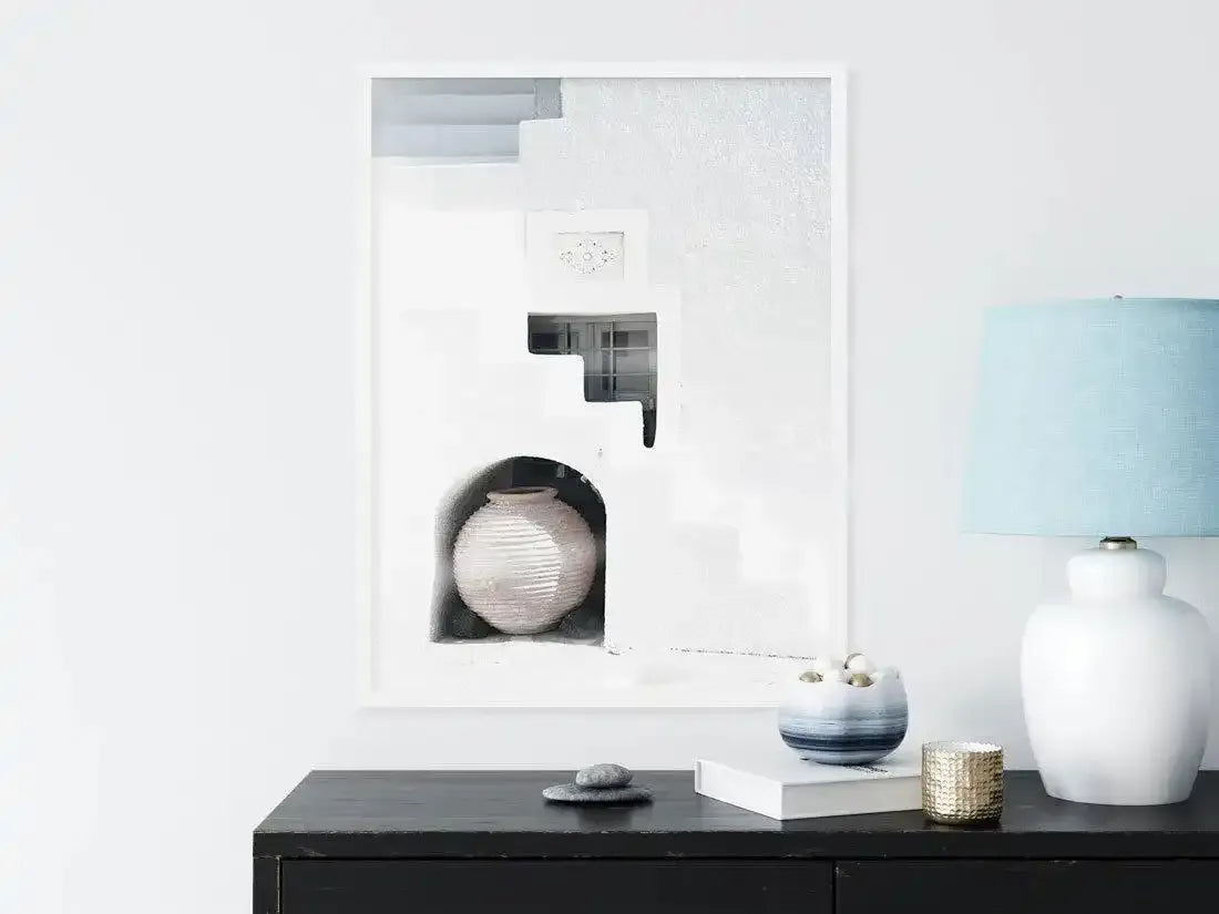 Santorini Urn Art Print-Shop Greece Wall Art Prints Online with Olive et Oriel - Our collection of Greek Islands art prints offer unique wall art including blue domes of Santorini in Oia, mediterranean sea prints and incredible posters from Milos and other Greece landscape photography - this collection will add mediterranean blue to your home, perfect for updating the walls in coastal, beach house style. There is Greece art on canvas and extra large wall art with fast, free shipping across Austr