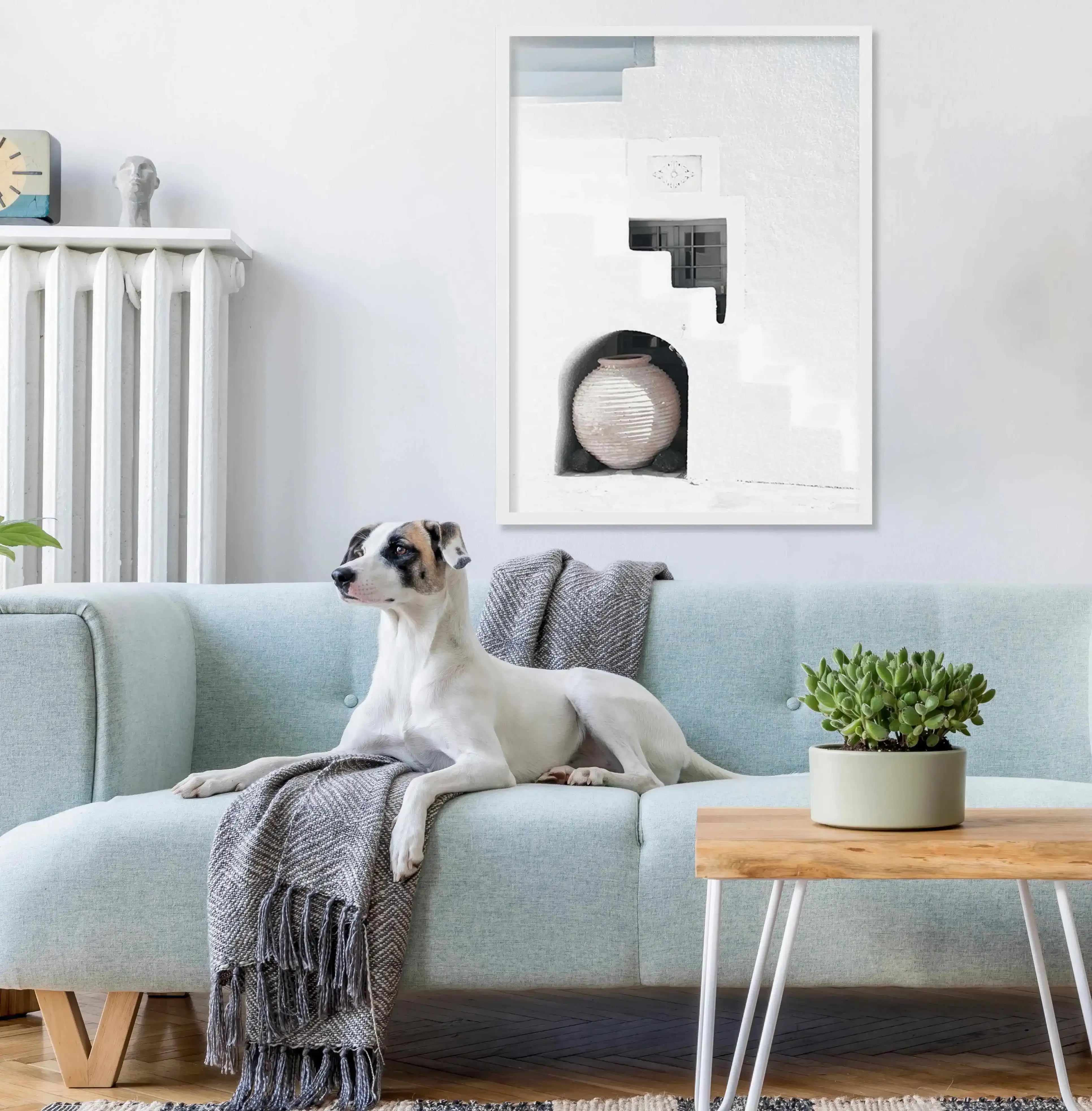 Santorini Urn Art Print-Shop Greece Wall Art Prints Online with Olive et Oriel - Our collection of Greek Islands art prints offer unique wall art including blue domes of Santorini in Oia, mediterranean sea prints and incredible posters from Milos and other Greece landscape photography - this collection will add mediterranean blue to your home, perfect for updating the walls in coastal, beach house style. There is Greece art on canvas and extra large wall art with fast, free shipping across Austr