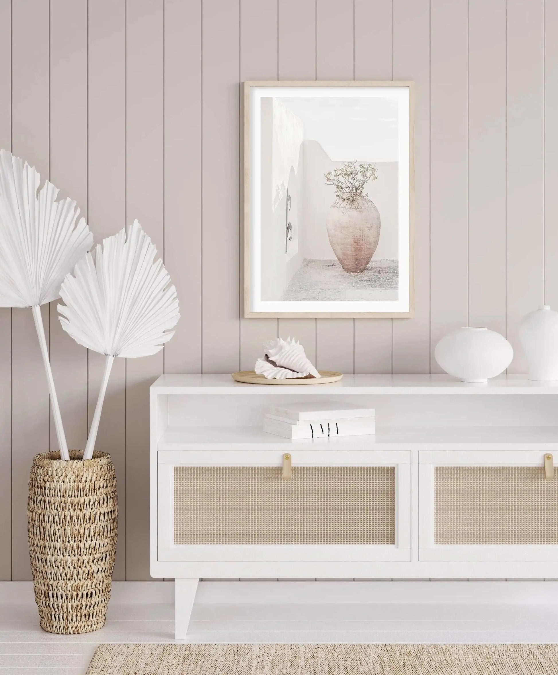 Santorini Vase Art Print-Shop Greece Wall Art Prints Online with Olive et Oriel - Our collection of Greek Islands art prints offer unique wall art including blue domes of Santorini in Oia, mediterranean sea prints and incredible posters from Milos and other Greece landscape photography - this collection will add mediterranean blue to your home, perfect for updating the walls in coastal, beach house style. There is Greece art on canvas and extra large wall art with fast, free shipping across Aust