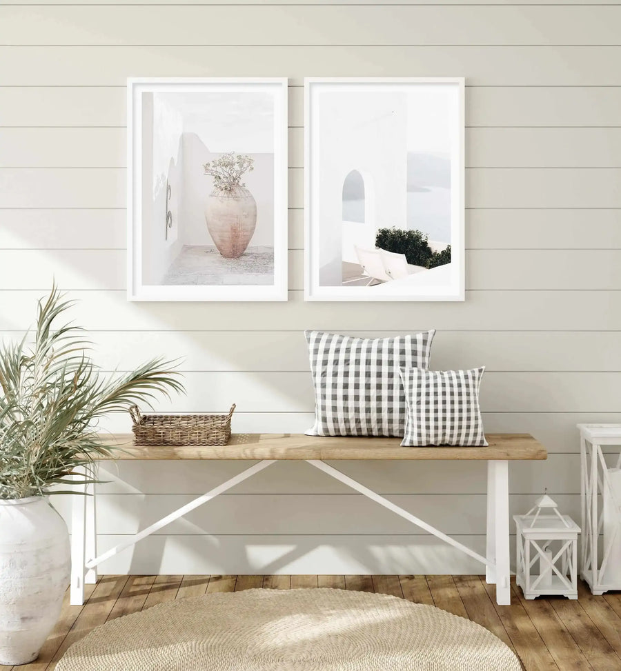 Santorini Vase Art Print-Shop Greece Wall Art Prints Online with Olive et Oriel - Our collection of Greek Islands art prints offer unique wall art including blue domes of Santorini in Oia, mediterranean sea prints and incredible posters from Milos and other Greece landscape photography - this collection will add mediterranean blue to your home, perfect for updating the walls in coastal, beach house style. There is Greece art on canvas and extra large wall art with fast, free shipping across Aust