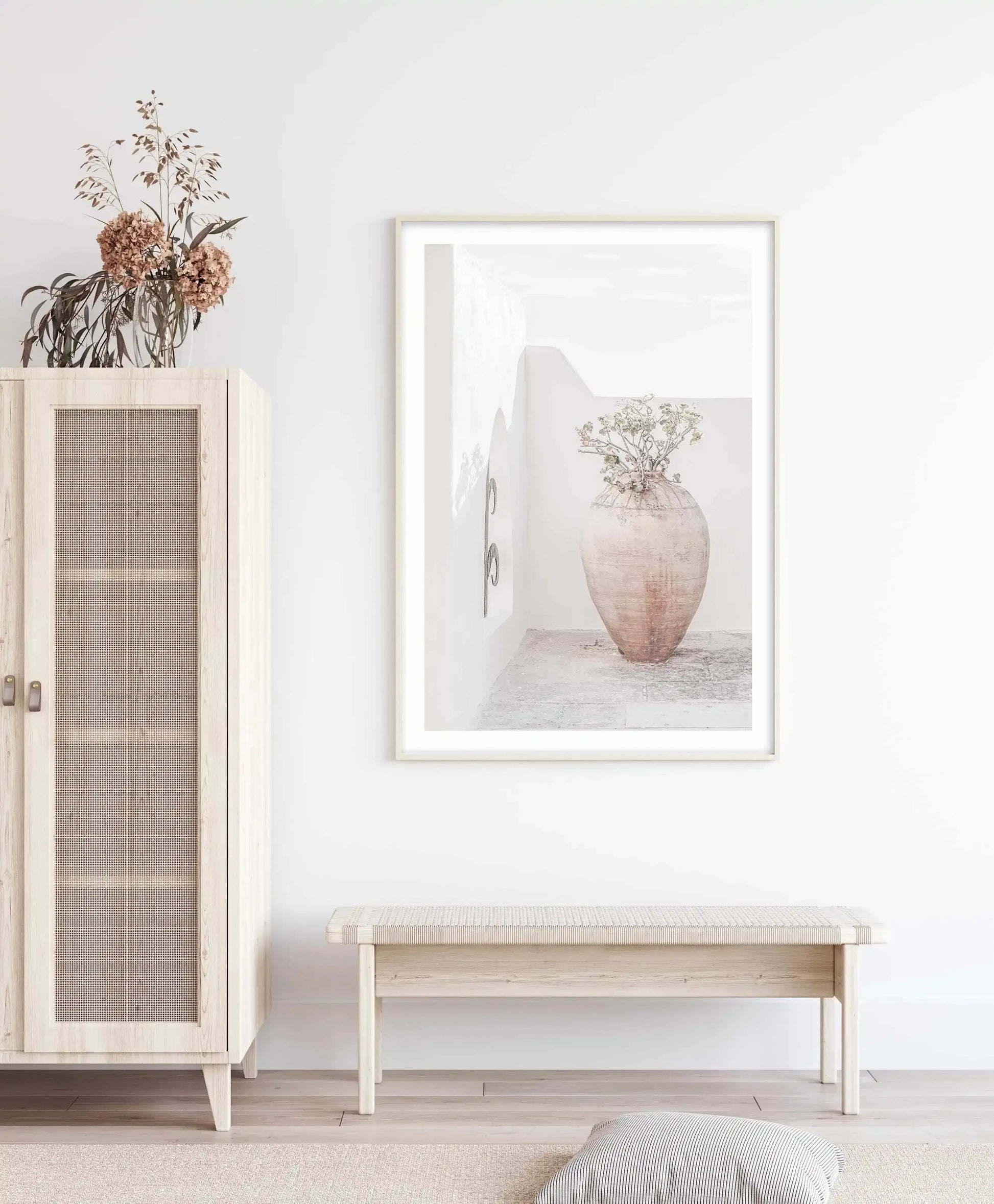 Santorini Vase Art Print-Shop Greece Wall Art Prints Online with Olive et Oriel - Our collection of Greek Islands art prints offer unique wall art including blue domes of Santorini in Oia, mediterranean sea prints and incredible posters from Milos and other Greece landscape photography - this collection will add mediterranean blue to your home, perfect for updating the walls in coastal, beach house style. There is Greece art on canvas and extra large wall art with fast, free shipping across Aust