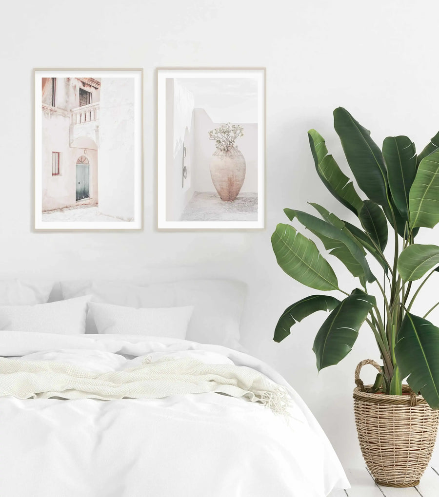 Santorini Vase Art Print-Shop Greece Wall Art Prints Online with Olive et Oriel - Our collection of Greek Islands art prints offer unique wall art including blue domes of Santorini in Oia, mediterranean sea prints and incredible posters from Milos and other Greece landscape photography - this collection will add mediterranean blue to your home, perfect for updating the walls in coastal, beach house style. There is Greece art on canvas and extra large wall art with fast, free shipping across Aust