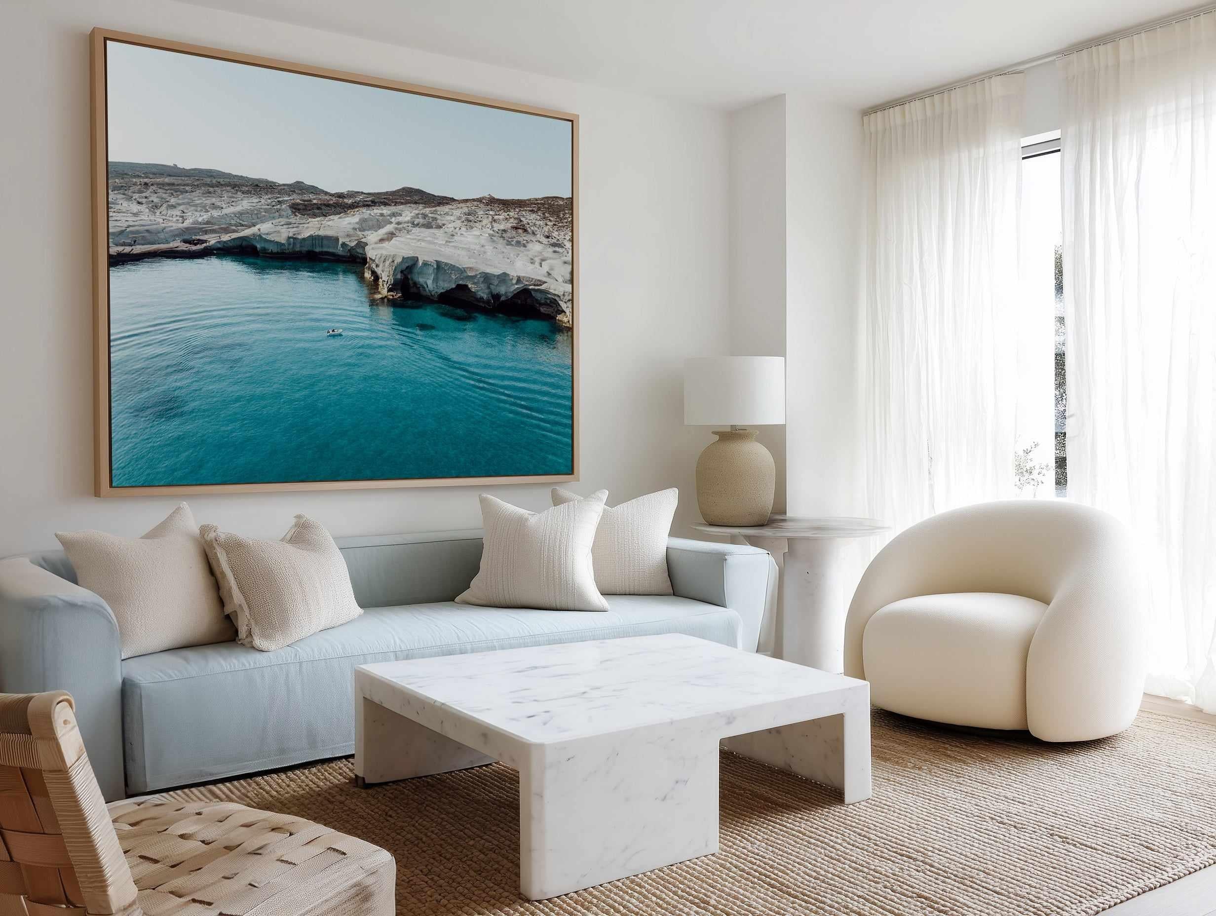Sarakiniko Boating, Milos LS by Michael Geercke | Framed Canvas Art Print from Olive et Oriel where you can shop wallpaper and artworks online