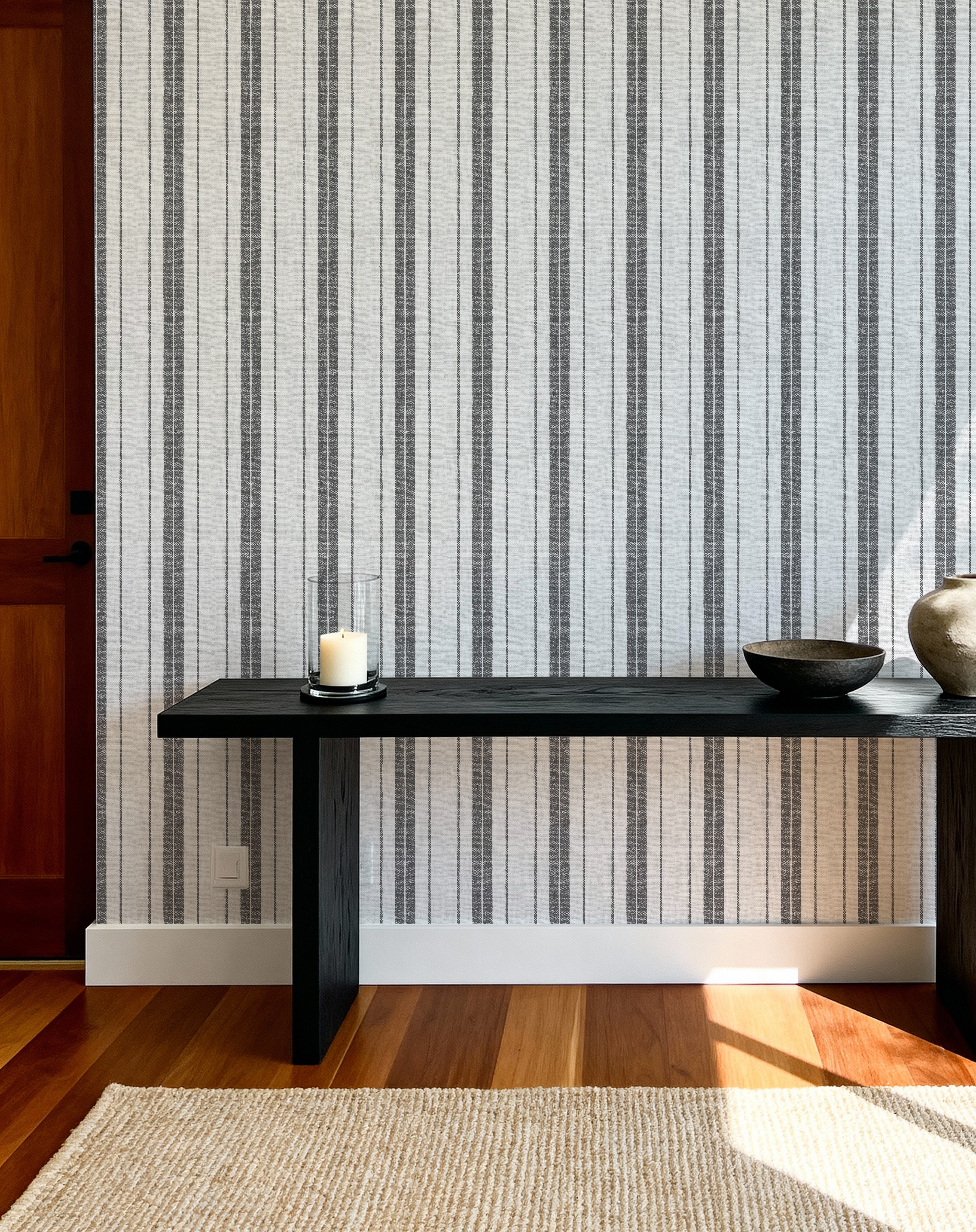 Savannah Stripe in Grey Wallpaper from Olive et Oriel where you can shop wallpaper and artworks online