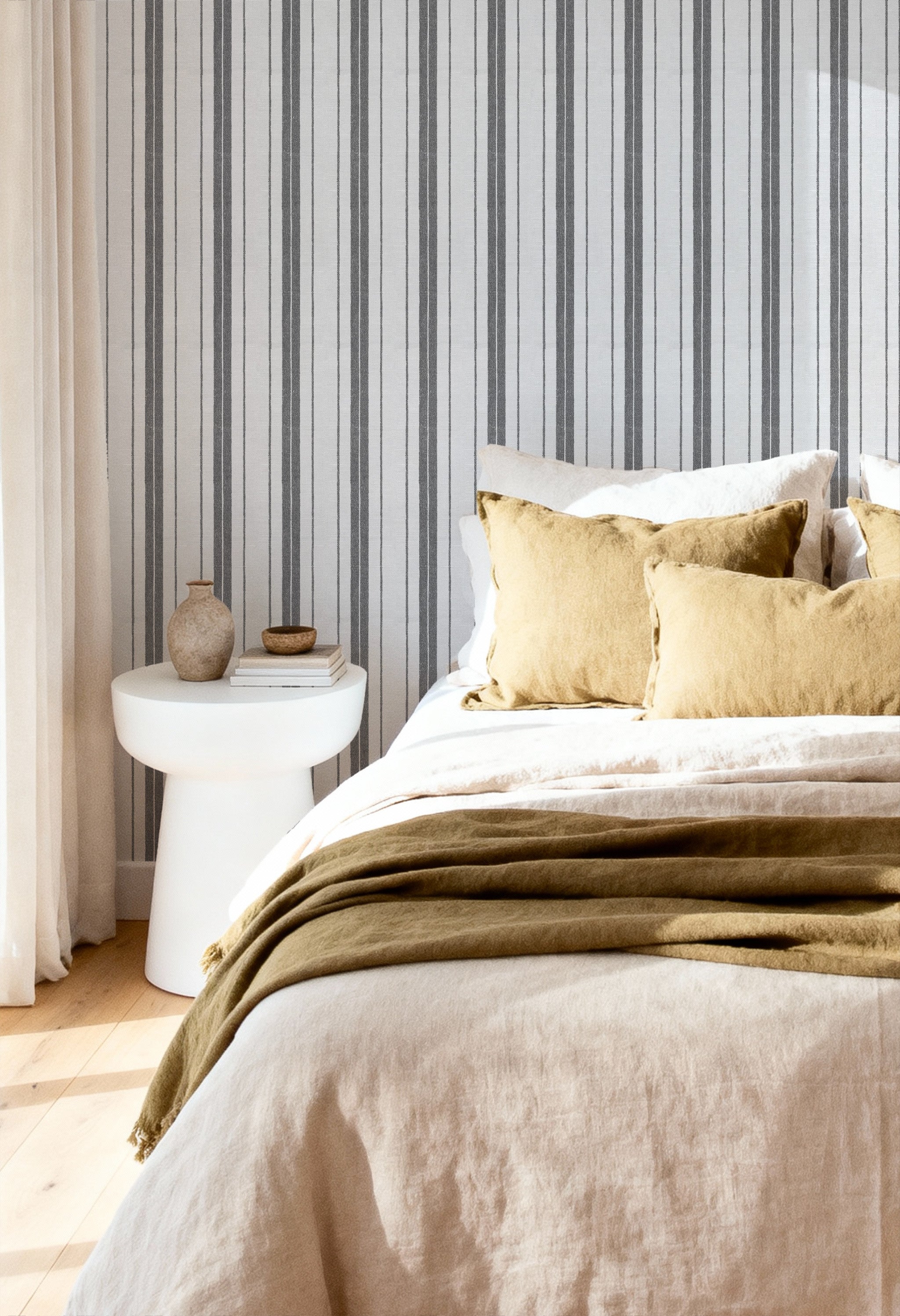 Savannah Stripe in Grey Wallpaper from Olive et Oriel where you can shop wallpaper and artworks online