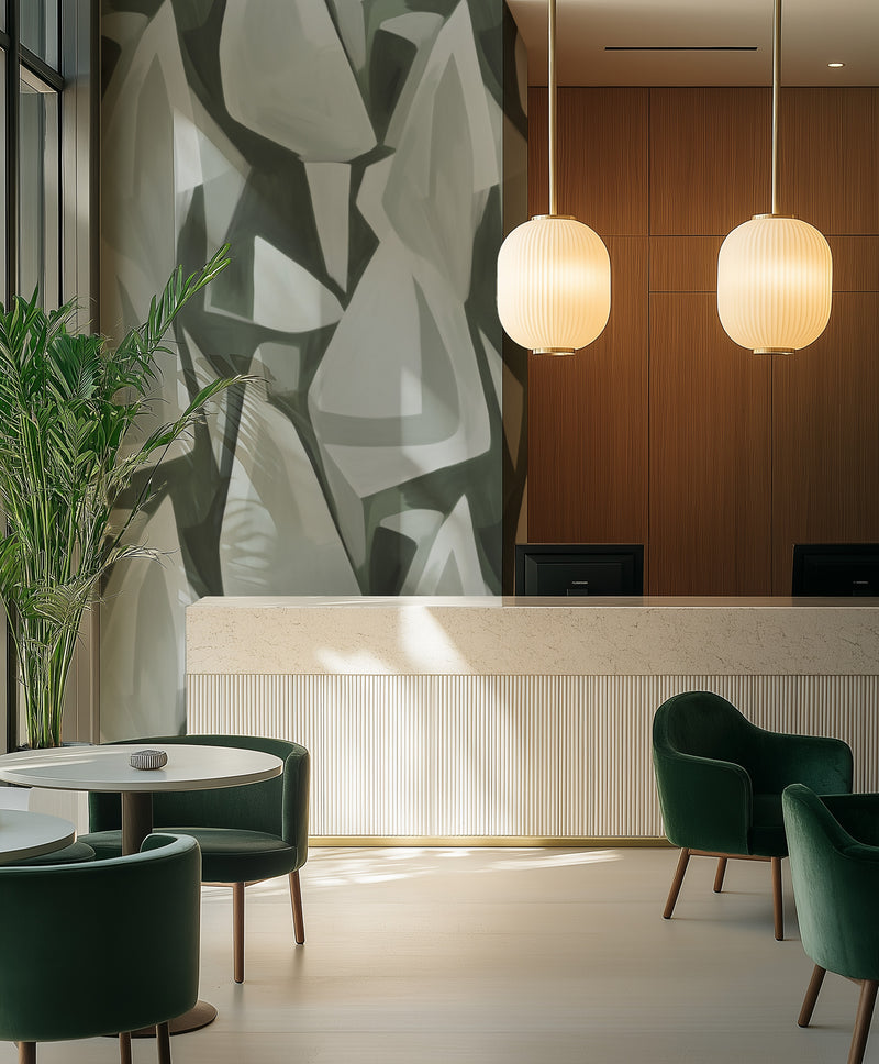 Savoir Abstract in Deep Green Commercial Vinyl Wallpaper from Olive et Oriel where you can shop wallpaper and artworks online