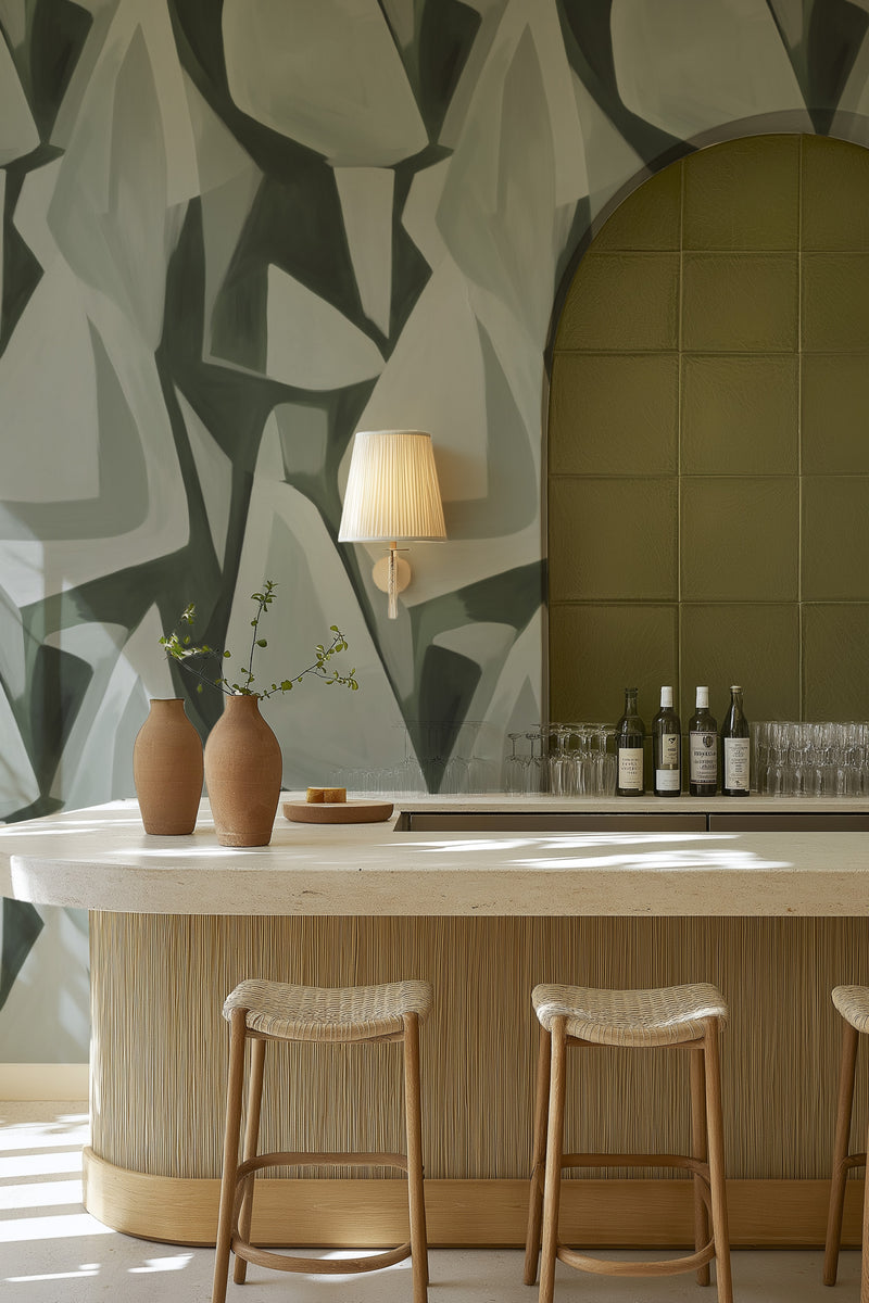 Savoir Abstract in Deep Green Commercial Vinyl Wallpaper from Olive et Oriel where you can shop wallpaper and artworks online