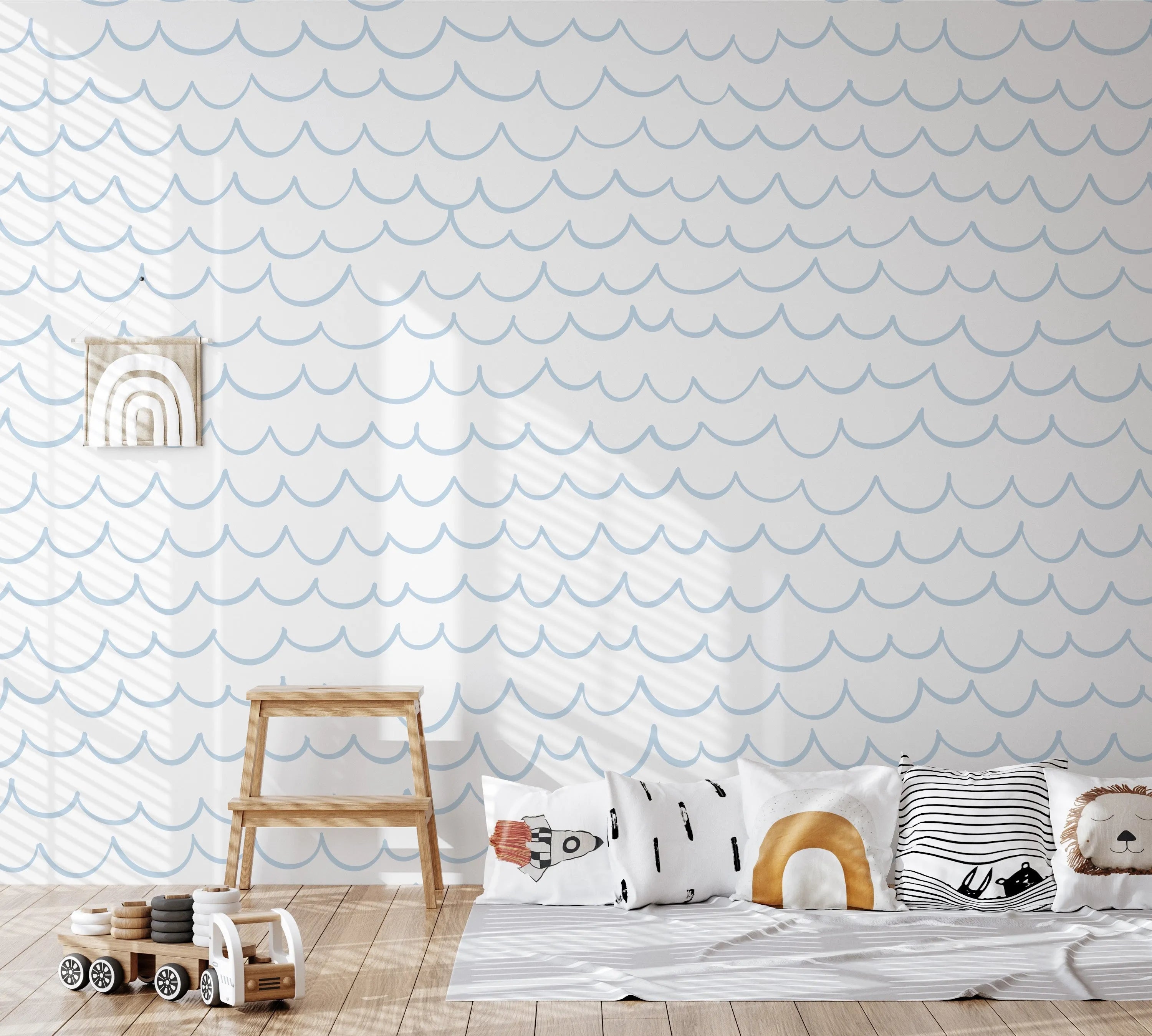 Scalloped Waves in Soft Blue Wallpaper from Olive et Oriel where you can shop wallpaper and artworks online