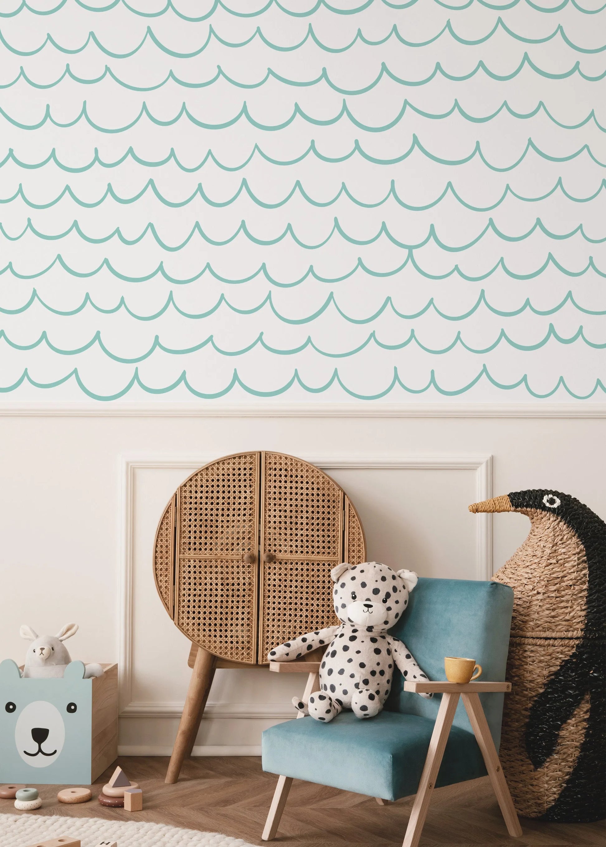 Scalloped Waves in Teal Wallpaper from Olive et Oriel where you can shop wallpaper and artworks online