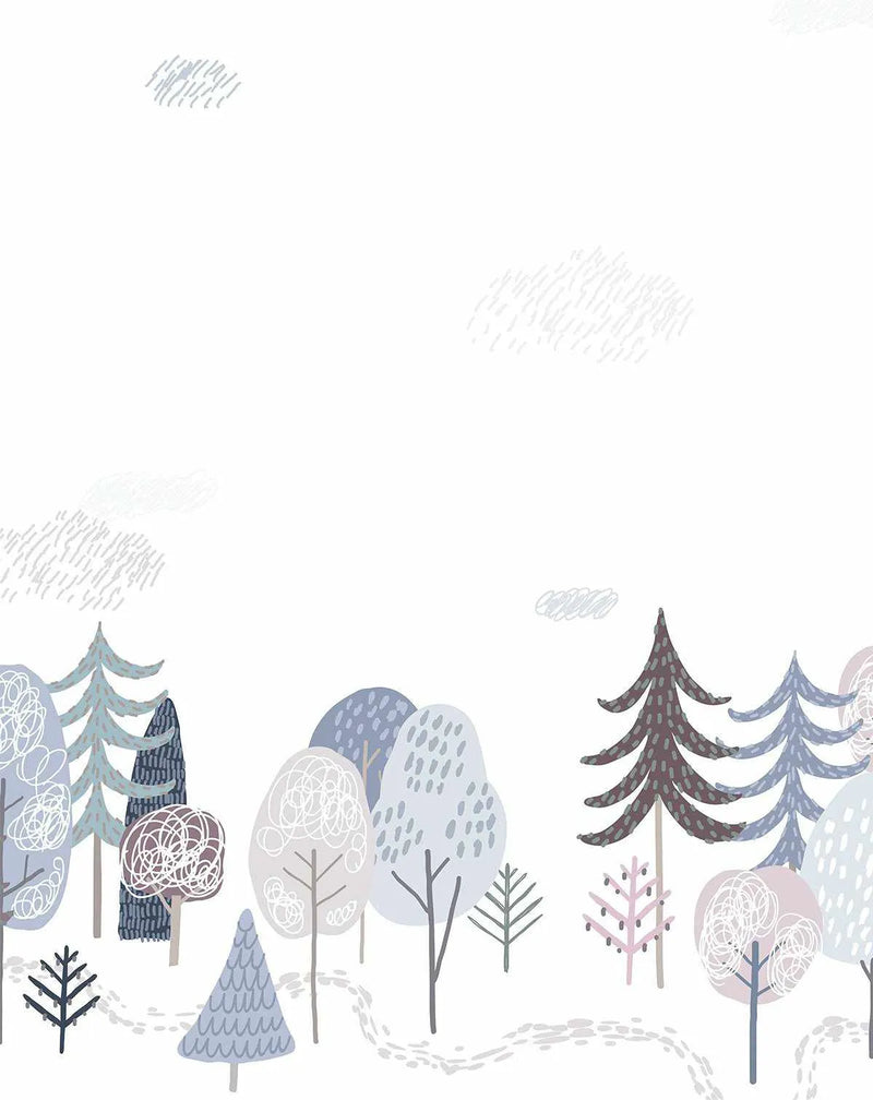 Peel and stick wallpaper featuring a repeating pattern of a whimsical winter forest illustration. The design includes various trees in shades of muted blue, grey, purple, and pale pink, with some featuring white scribbled branches or dotted foliage, set against a white background. Scattered light grey, scribbled clouds are visible in the sky, and faint grey footprints wind through the snowy ground.