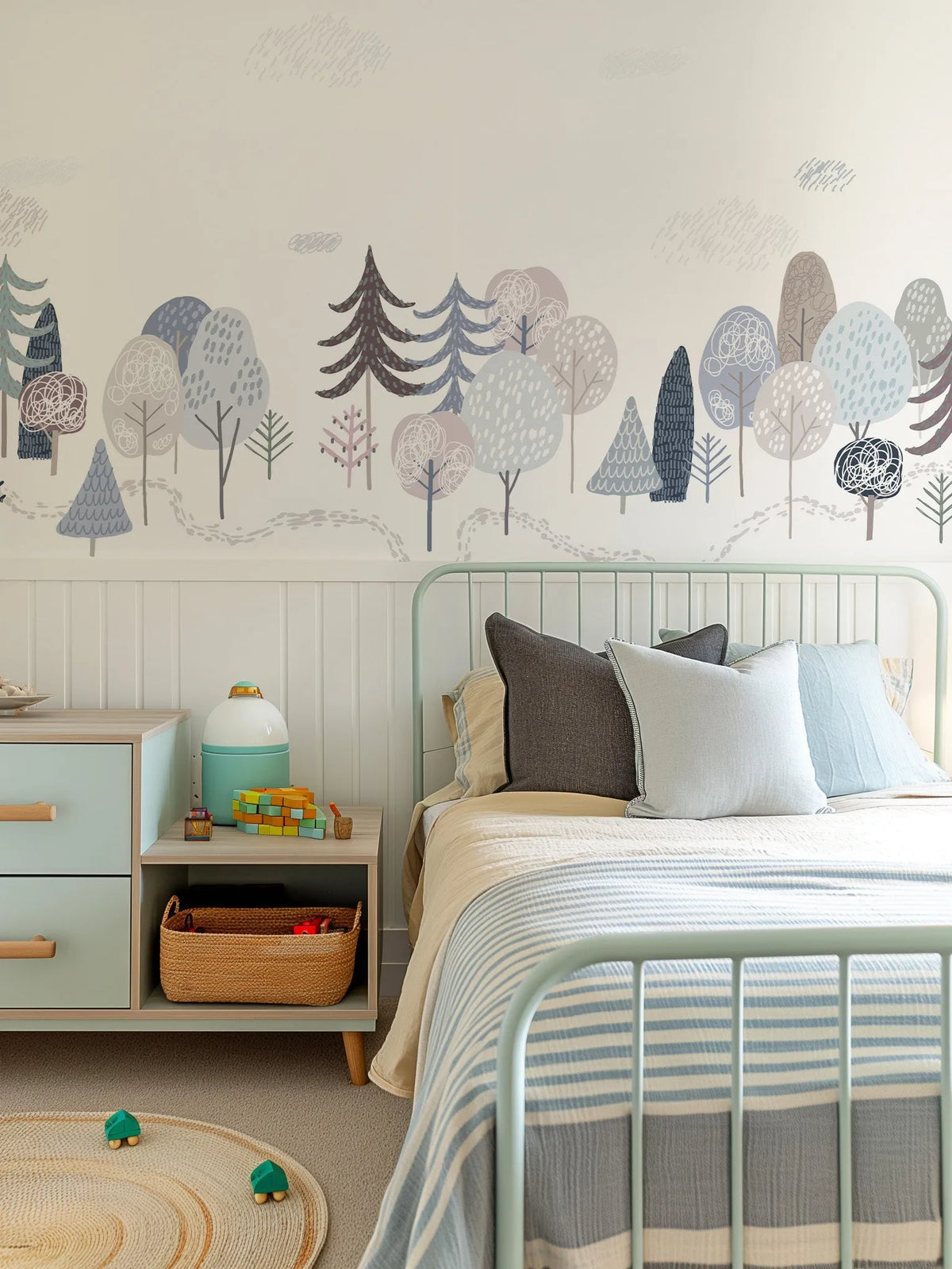 Scandi Forest peel and stick wallpaper mural displayed on a bedroom wall above white wainscoting. The mural features a whimsical forest scene with various stylized trees in muted tones of dusty blue, sage green, soft grey, and warm brown, with faint white and grey cloud details in the sky. A light blue metal bed frame with striped bedding and decorative pillows in grey and light blue is positioned against the wall. A light blue dresser and a bedside table with a lamp and toys are visible to the left.