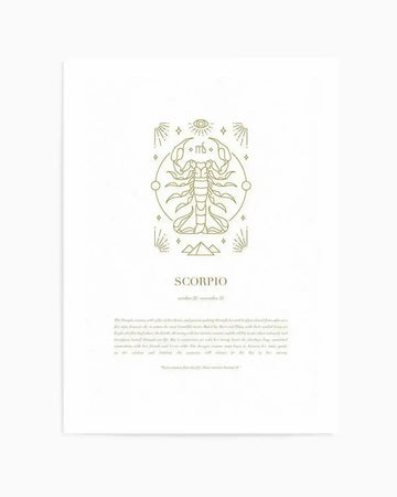 Art Print:
"Celestial zodiac art print featuring a golden line-art illustration of a scorpion in a circular frame, surrounded by radiating lines, stars, and an all-seeing eye at the top, with the word 'SCORPIO' and 'october 23 - november 21' below, all on a white background. The print also includes a paragraph of text describing the Scorpio woman."