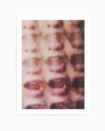 Art print featuring a close-up, multi-exposure photograph of a person's face, primarily focusing on the mouth and nose. The image shows several overlapping instances of the lower half of a face with mouths open in a scream or gasp, revealing teeth and tongue. The skin tones are soft and slightly blurred, in shades of pale peach, rose, and muted brown, with a painterly, textured quality. The composition creates a sense of movement and distress.