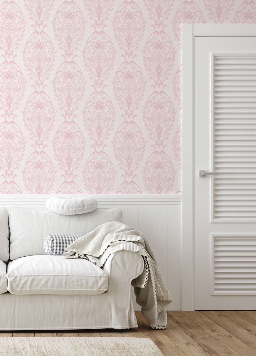 Luxe Damask Pink Wallpaper from Olive et Oriel where you can shop wallpaper and artworks online