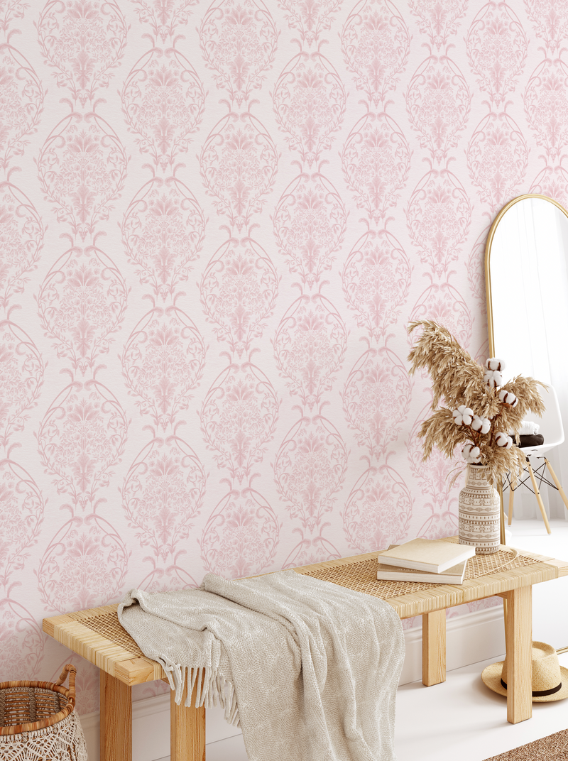 Luxe Damask Pink Wallpaper from Olive et Oriel where you can shop wallpaper and artworks online