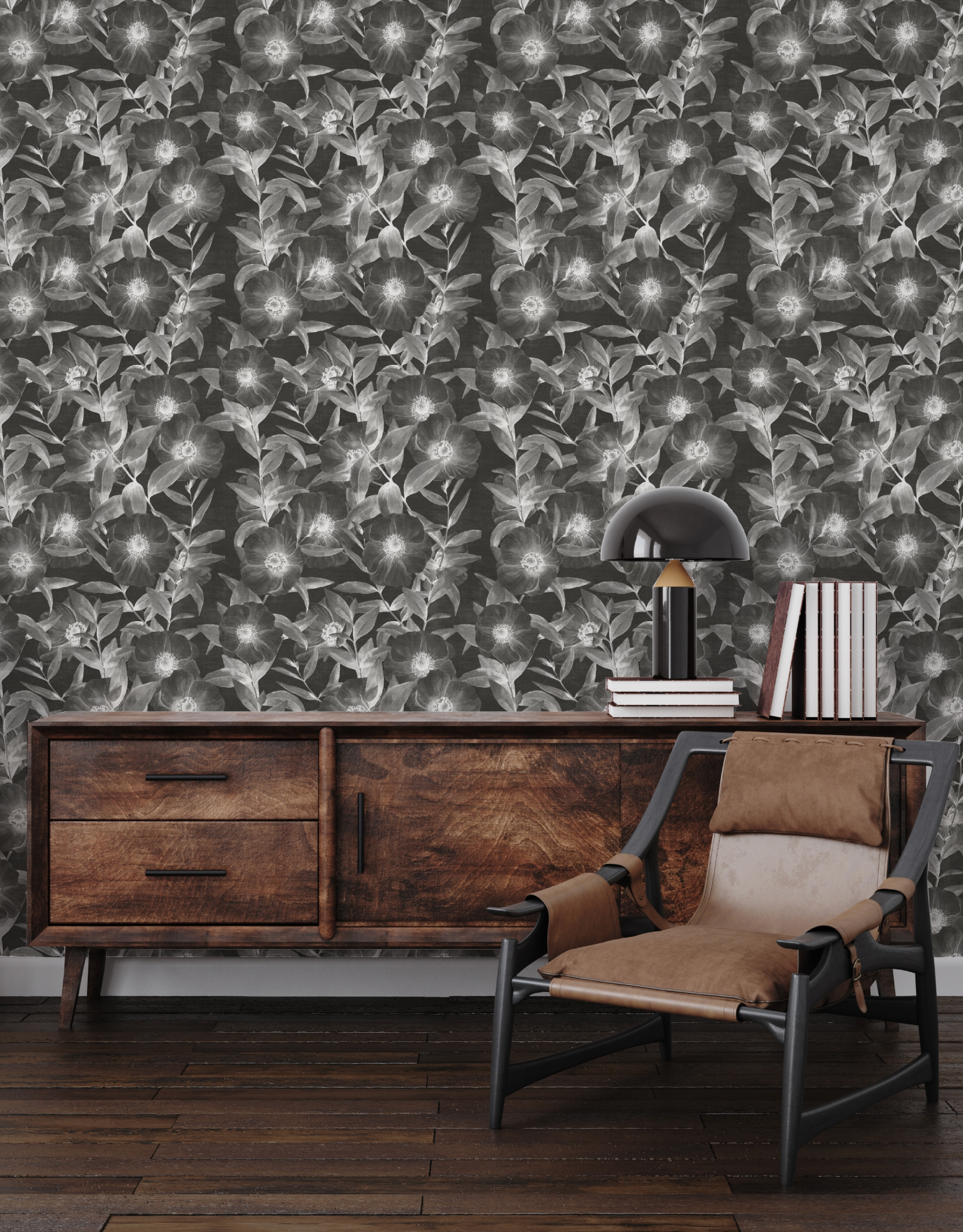 Moody Florals Black & White Wallpaper