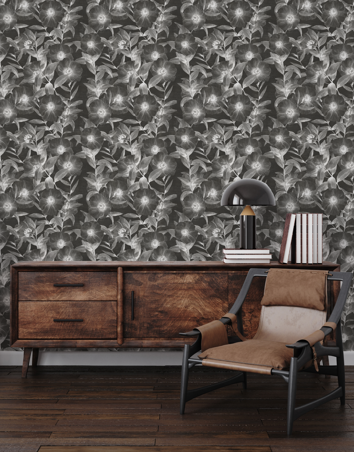 Moody Florals Black & White Wallpaper from Olive et Oriel where you can shop wallpaper and artworks online