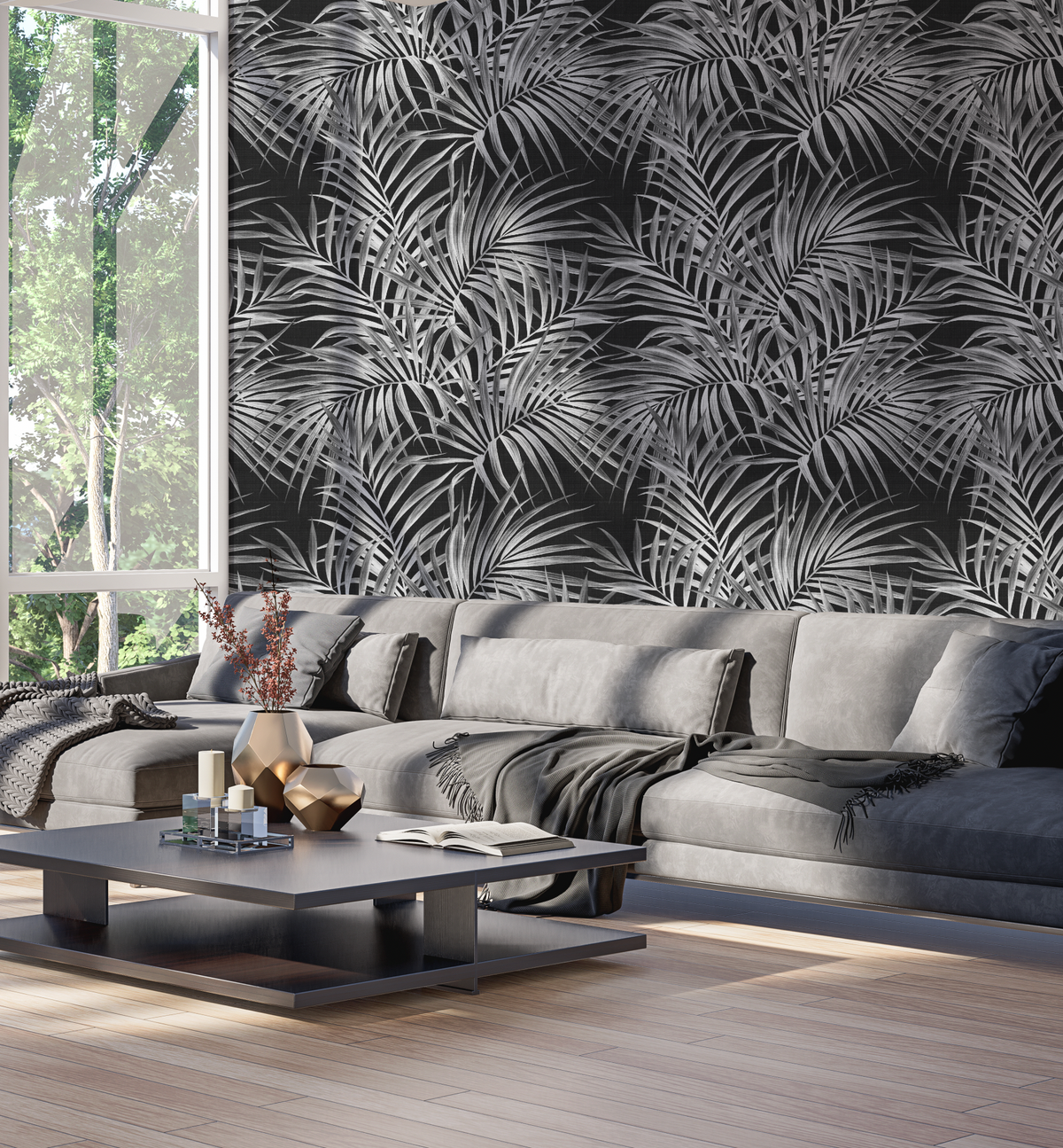 Alfresco Palm Black & White Wallpaper from Olive et Oriel where you can shop wallpaper and artworks online