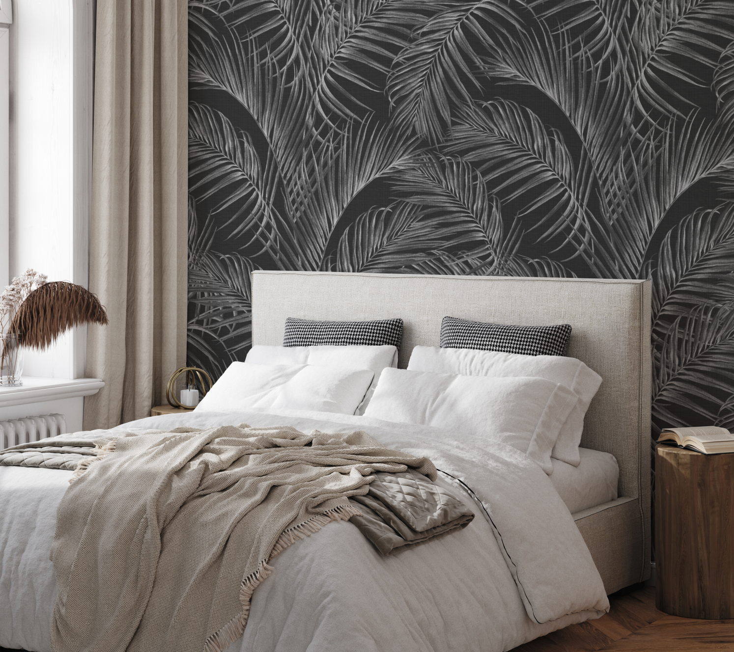 Palm Escape Black & White Wallpaper from Olive et Oriel where you can shop wallpaper and artworks online