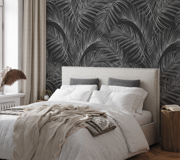 Palm Escape Black & White Wallpaper from Olive et Oriel where you can shop wallpaper and artworks online