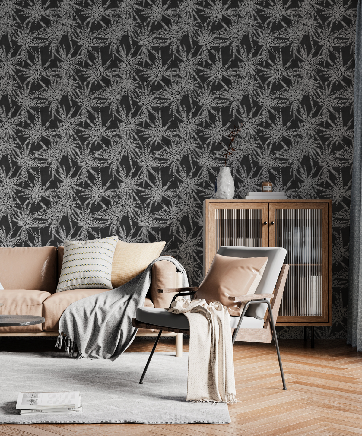 Dotted Palms Black & White Wallpaper from Olive et Oriel where you can shop wallpaper and artworks online