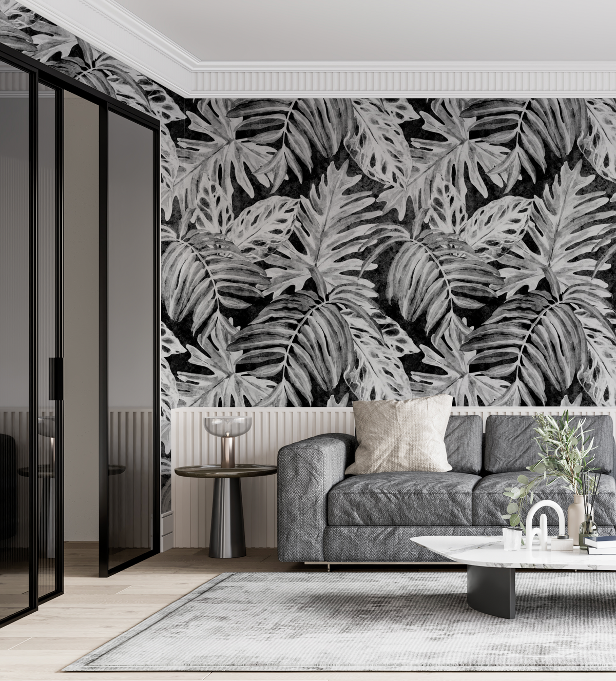 White Luxe Palm Black & White Wallpaper from Olive et Oriel where you can shop wallpaper and artworks online
