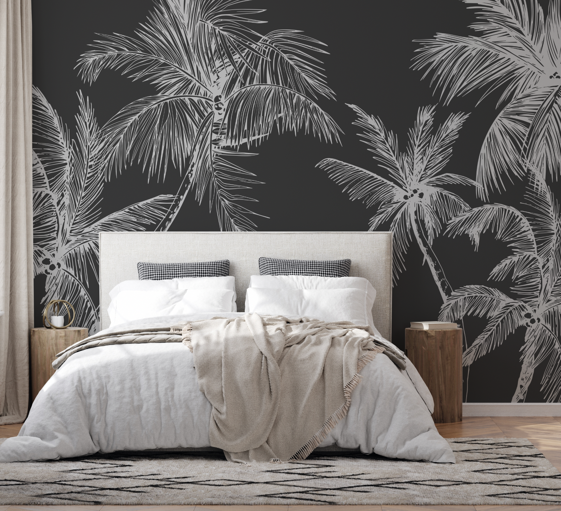 The Palms Black & White Wallpaper from Olive et Oriel where you can shop wallpaper and artworks online