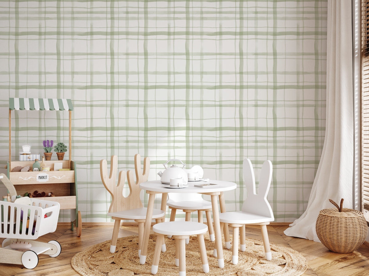 Watercolour Plaid Sage Green Wallpaper from Olive et Oriel where you can shop wallpaper and artworks online