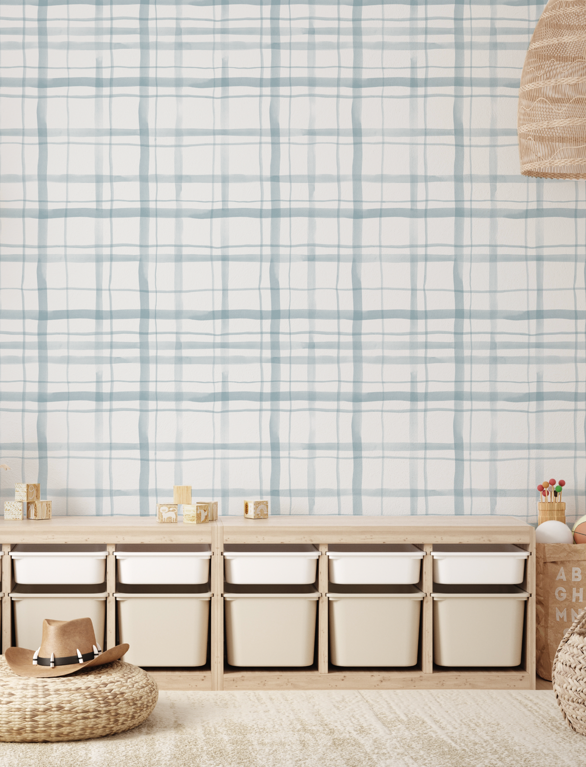 Watercolour Plaid Blue Wallpaper from Olive et Oriel where you can shop wallpaper and artworks online