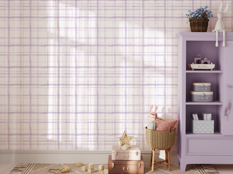 Watercolour Plaid Lilac Purple Wallpaper from Olive et Oriel where you can shop wallpaper and artworks online