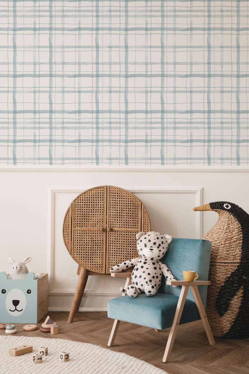 Watercolour Plaid Blue Wallpaper from Olive et Oriel where you can shop wallpaper and artworks online