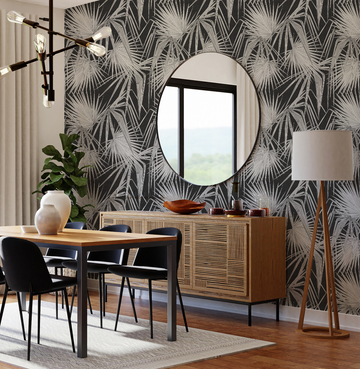 Paradiso Palm White on Black Wallpaper from Olive et Oriel where you can shop wallpaper and artworks online