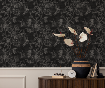 Citrus Birds Black & White Wallpaper from Olive et Oriel where you can shop wallpaper and artworks online
