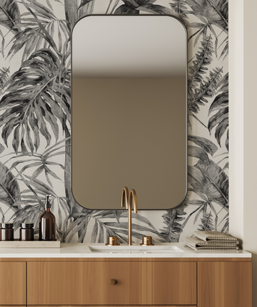 Palm Resort White on Black Wallpaper from Olive et Oriel where you can shop wallpaper and artworks online