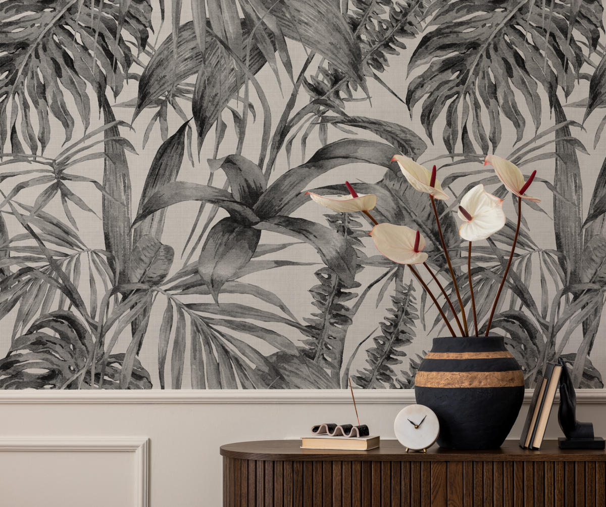 Palm Resort White on Black Wallpaper from Olive et Oriel where you can shop wallpaper and artworks online