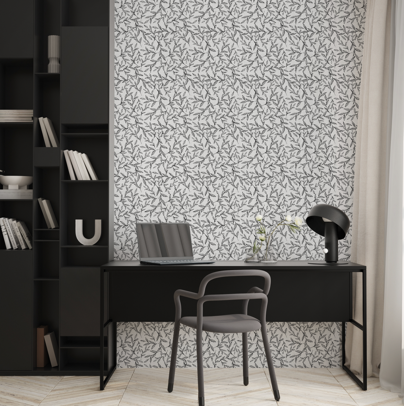 Leafy Foliage Black & White Wallpaper